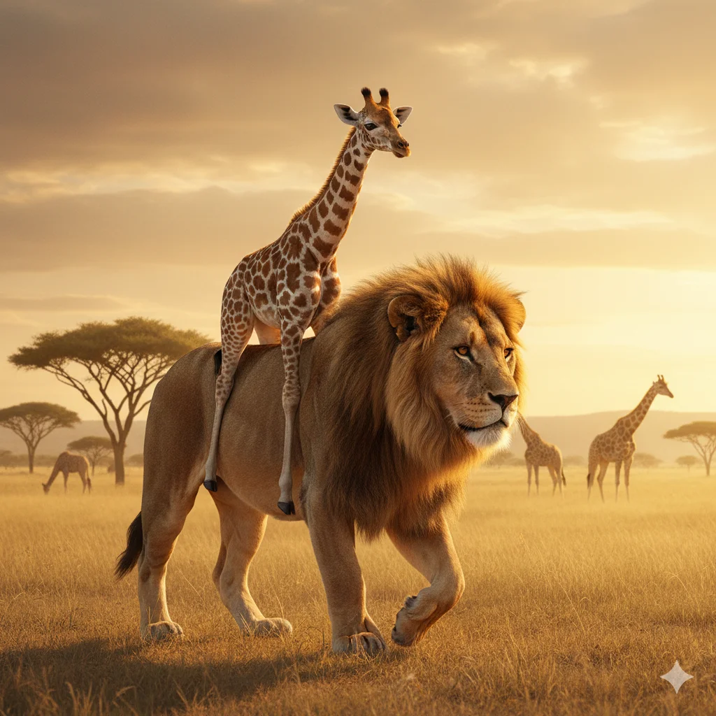 an AI image of a baby giraffe riding on a lions back an AI image of a baby giraffe riding on a lions back